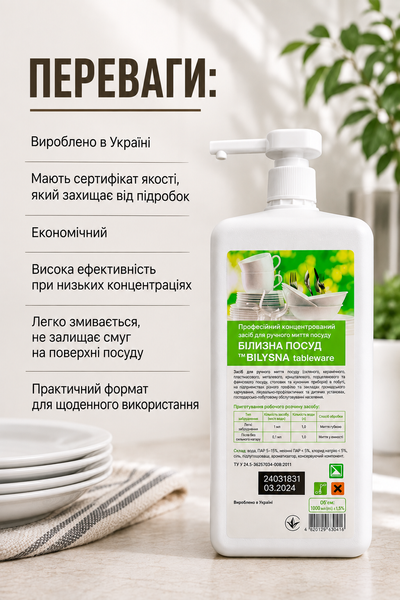 Профессиональное концентрированное средство для ручной мойки посуды &laquo;Белизна посуда (&trade; Bilysna tableware)&raquo;, 1000 мл УТ000000074 фото
